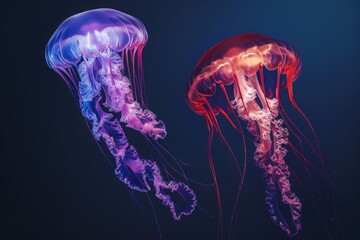 two glowing jellyfish floating in dark blue water