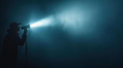 Poster - Silhouette of a person with a flashlight in a dark, foggy environment