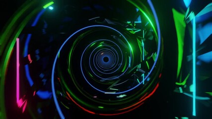 Wall Mural - Abstract background 3D animation moving through shiny glass metal and neon lights tunnel, loop