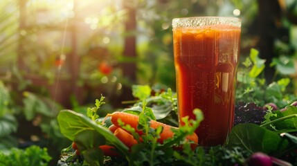 Wall Mural - Fresh Vegetable Juice Blend in Garden Setting - Perfect for Healthy Living Poster or Print Design