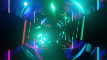 Wall Mural - Abstract background 3D animation moving through shiny glass metal and neon lights tunnel, loop