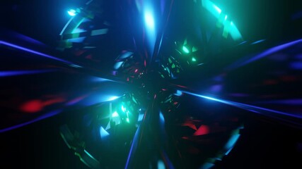 Wall Mural - Abstract background 3D animation moving through shiny glass metal and neon lights tunnel, loop