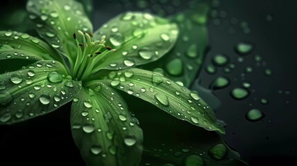 Wall Mural - water drops on green leaf