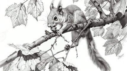 Wall Mural -  A B&W drawing of a squirrel on a tree branch with a nut in its mouth and leaves in the background