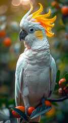 Cockatoo parrot sitting on a green tree branch in Australia. Big white and yellow cockatoo with nature green background