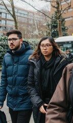 Poster - Two people walk side by side in winter clothing. AI.