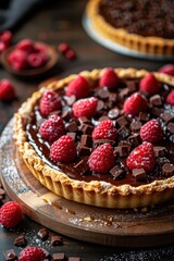 Canvas Print - A chocolate tart topped with raspberries and chocolate pieces. AI.