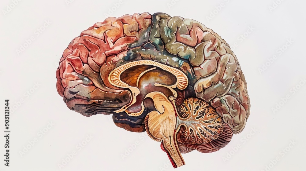 Detailed Cross Section Illustration of Human Brain Highlighting Lobes ...