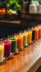 Wall Mural - Vibrant Detox Juice Shots Lined Up with Labeled Ingredients for Health and Wellness Photography