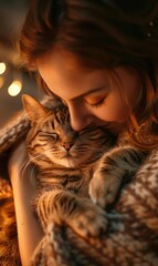 Poster - A woman snuggles her cat, both basking in the warm glow of lights. AI.