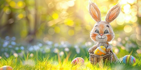 Poster - A bunny holding a basket of Easter eggs in a field. AI.