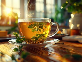 Sticker - A steaming cup of herbal tea on a wooden table. AI.