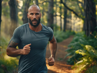 Poster - A man runs through a forest, determined to reach his goal. AI.