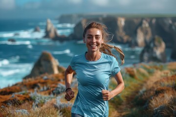 Canvas Print - A woman smiles as she runs along a coastal path. AI.