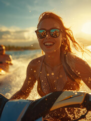 Canvas Print - A woman smiles as she drives a jet ski through the water. AI.