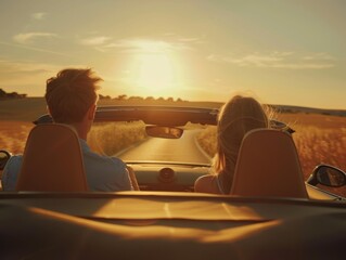 Poster - A couple enjoys a scenic drive with the top down. AI.