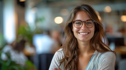 Canvas Print - Confident and Ready: A young professional woman smiles confidently, wearing stylish glasses, in a modern office setting.