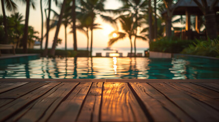 Wall Mural - View from the wooden deck of the infinity pool on the beach, ocean and tall palm trees.