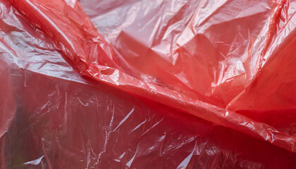 Aufkleber - Close-Up of Crumpled Red Plastic Sheet with Translucent Texture and Reflective Surface Wrinkles and Creases