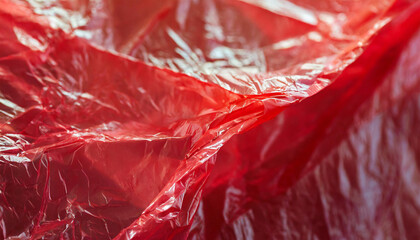 Aufkleber - Close-Up of Crumpled Red Plastic Sheet with Translucent Texture and Reflective Surface Wrinkles and Creases