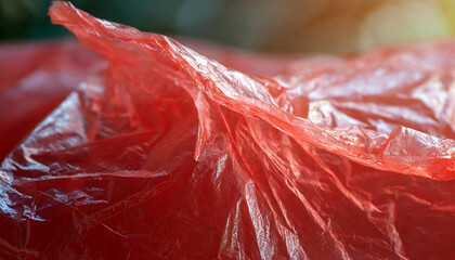 Aufkleber - Close-Up of Crumpled Red Plastic Sheet with Translucent Texture and Reflective Surface Wrinkles and Creases