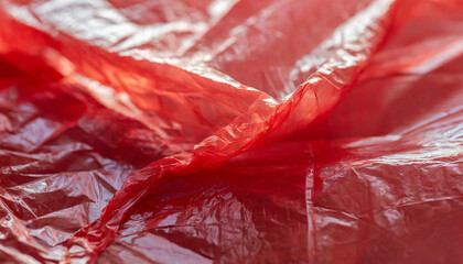 Aufkleber - Close-Up of Crumpled Red Plastic Sheet with Translucent Texture and Reflective Surface Wrinkles and Creases