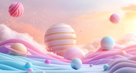 a painting of a landscape with planets and clouds in the sky