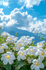 Wall Mural - A blooming frangipani tree against the backdrop of a sandy beach and crystal clear turquoise ocean