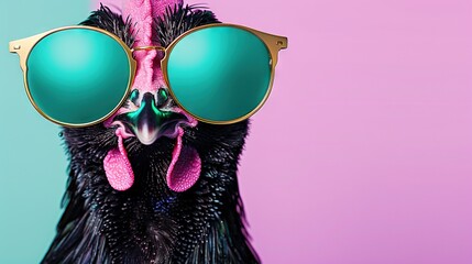 Wall Mural -   A bird wearing sunglasses and a pink hat on its face in a close-up shot