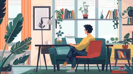 Wall Mural - A person sits at a desk in a bright home office, focused on their laptop amidst indoor plants and shelves.