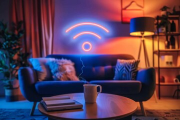 Modern living room with neon Wi Fi symbol emphasizing smart home technology and digital connectivity.