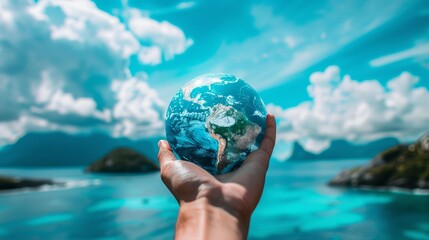 Planet Earth in the hand on the background of the ocean and mountains. Earth Day holiday theme