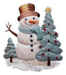 Canvas Print - PNG Snowman tree embroidery christmas winter nature.