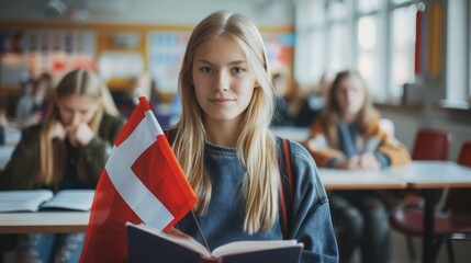 Poster - A student in a classroom reads a book while proudly displaying a Norwegian flag, surrounded by classmates engaged in their studies.