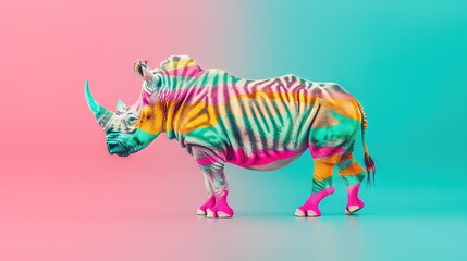 Wall Mural -   A colorful zebra on a pink and green background with a blue background