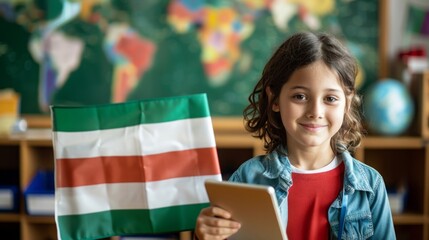 Aufkleber - A cheerful young student smiles while holding a tablet beside a flag in a vibrant classroom filled with learning materials.