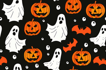 Halloween seamless pattern: cut out evil pumpkins, ghosts, bats on a black background. Wrapping paper. 