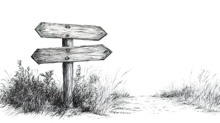 pencil drawing of wooden signpost with two signs pointing in different directions, white background