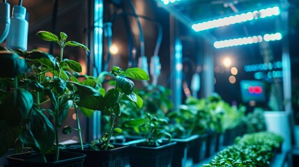 Poster - A close-up view of basil plants growing indoors under blue artificial lights.