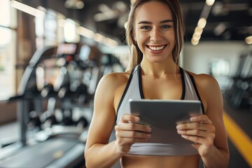 Wall Mural - A fit muscular female personal trainer smiling at the camera in a gym, close up