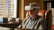 © Guillermo - Foto casual de hombre maduro en oficina usando un moderno y discreto visor de realidad virtual, ambiente cálido.
