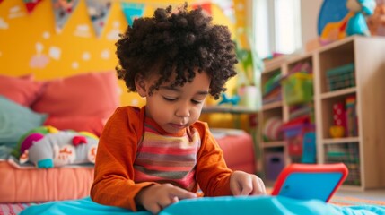 Aufkleber - A child with curly hair focuses on an interactive tablet in a vibrant playroom filled with toys and decorations.