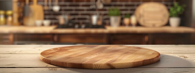 Wall Mural - Empty wooden round pizza board on blurred kitchen background Rustic charm. Vintage kitchen interior setting. Modern and bright. Empty space with rustic oak wooden table. Retro ambiance