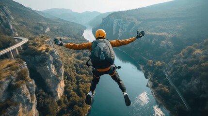 Wall Mural - A person wearing a helmet and backpack is skydiving or BASE jumping over a scenic river canyon, surrounded by mountains and forests.