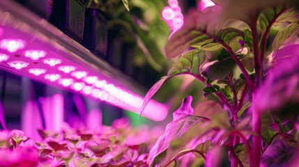 Poster - Close-up of green and purple leaves with bright pink LED lights above.