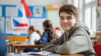 Poster - A cheerful student sits at a desk in a classroom, smiling at the camera while classmates engage in a lesson.