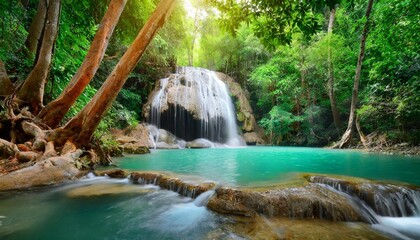 Amazing beauty of Asian nature. Tropical waterfall flows through dense jungle forest and falls into wild pond