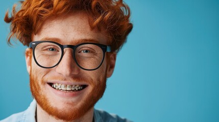 Red haired guy with braces on teeth wearing eyeglasses, smiling to camera on blue studio background with copy space