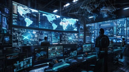 Leinwandbilder - Hacker Monitoring Global Network Activity in a Futuristic Control Room