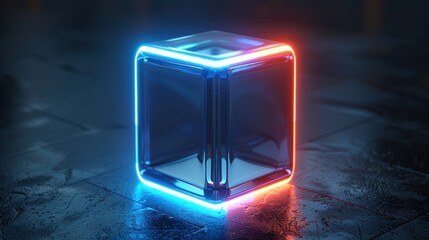 Poster - Glossy Cube Illuminated by Blue and Orange Neon Lights